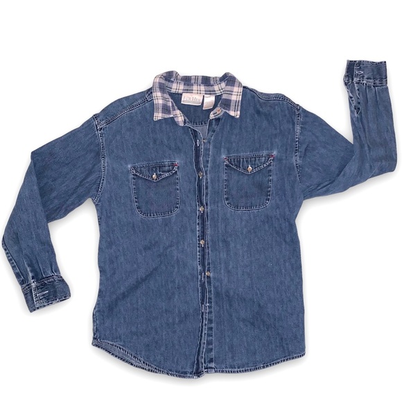 v i n t a g e :: Denim Flannel Jeans Shirt Pearl Buttons Slouchy - Picture 7 of 12
